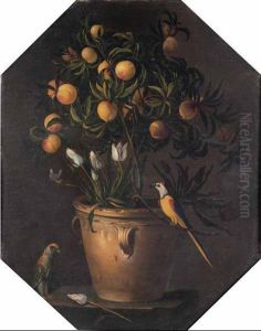 Albero Di Pesche Con Tulipani E Pappagalli by Luca Forte