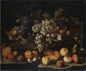 A Still Life With Red And Green Grapes, Apples, Pears, Hazelnuts, Figs, Walnuts And Plums Over A Stone Ledge by Luca Forte
