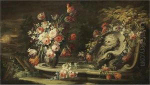 Still Life Of Roses, Tulips, Peonies And Other Flowers In A Vase Beside An Ornamental Fountain by Felice Fortunato