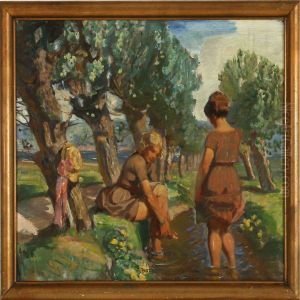 Girl Playing In A Ditch Near Willows