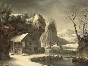 An Extensive Winter Landscape With A Peasant By A Cottage, Mountains Beyond