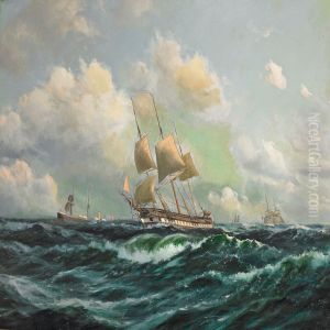 Frigate And Other Sailing Ships In High Sea by Peder Nielsen Foss