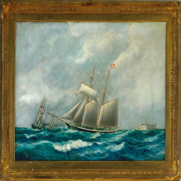?: Ship Portrait Of A Danish Brigantine Saling Along The Coast Of Elsinore Castle. Usigned - view 1