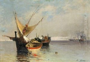 Barca Con Pescatore E Navi Nel Golfo by Agostino Fossati