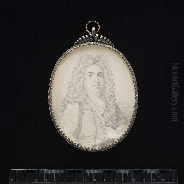 A Gentleman, Wearing Coat With Embroidered Button Holes, Waistcoat And Fringed Cravat Held With A Pin, His Hair Curled And Worn Long, His Left Hand Tucked Inside His Coat. - view 1