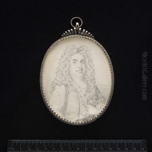 A Gentleman, Wearing Coat With Embroidered Button Holes, Waistcoat And Fringed Cravat Held With A Pin, His Hair Curled And Worn Long, His Left Hand Tucked Inside His Coat. by Charles Andrew Foster