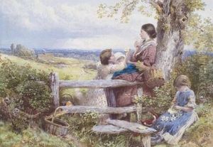 A Mother And Children By A Stile; An Afternoon Rest by Myles Birket Foster
