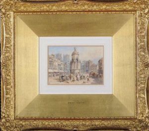 "wells" - A View Of The Market Square With The Cathedral In The Distance by Myles Birket Foster