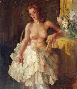 A Seated Female Nude With A Floral Bouquet by William Frederick Foster