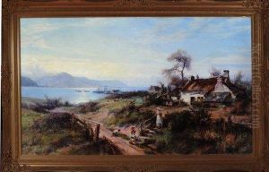 A Coastal Scene With A Mother And Children Outside A Cottage And Shipping In The Middle Distance# by William Gilbert Foster