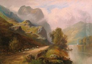 A Mountainous Landscape With A Shepherd Andhis Flock On A Track By A River by William Gilbert Foster