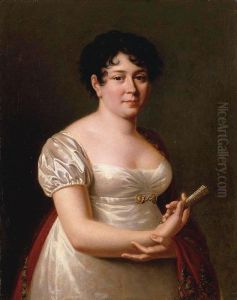 Portrait Of A Woman In White With A Paisley Shawl, Holding A Fan