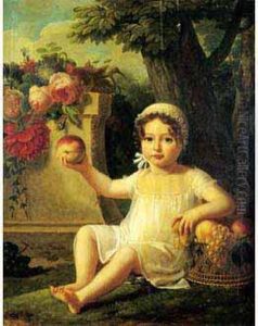 Portrait D'enfant A La Corbeille De Fruits Dans Un Paysage.