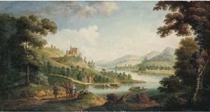 A River Landscape With Figures On A Path And A Village Beyond