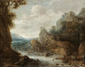 Bergslandskap Med Jagare Vid Vattendrag by Jacques Fouquieres
