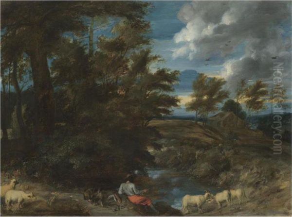 A Landscape With A Man Fishing In The Foreground - view 1