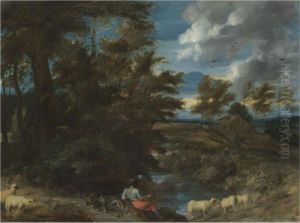 A Landscape With A Man Fishing In The Foreground by Jacques Fouquieres