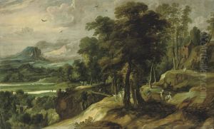 An Extensive River Landscape With The Angel Appearing To Balaam'sass by Jacques Fouquieres
