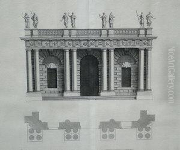 Classical Architectural Study After Inigo Jones, After H. Flitcroft; Engraving, 37.5x37.5cm: Together With Two Other Engravings Of Similar Architectural Studies, One By The Same Hand And The Other By James Cole - view 1