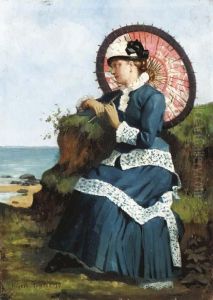 An Elegant Lady By The Shore With A Pink Parosol by Albert-Auguste Fourie