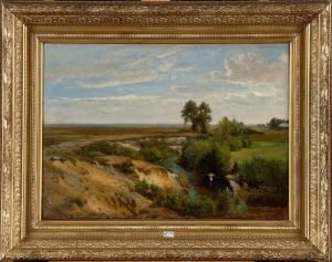 Vacher Et Son Troupeaux Au Ruisseau by Theodore Fourmois