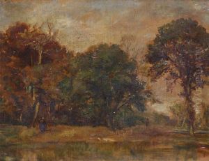 Wooded Landscape With Strolling Figures by Theodore Fourmois