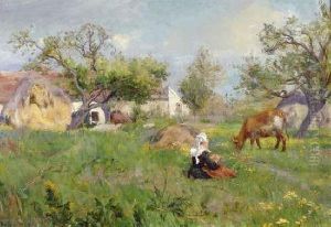 Bretonne Et Vache Dans Un Paysage by Alfred Victor Fournier
