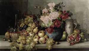 Pomegranates, Pears, Apples, Grapes, Figs, A Bottle, Jug, And A Vase Of Roses On A Stone Ledge by Charles Fournier