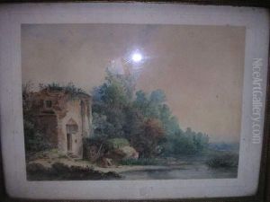 Paysage Anime D'une Femme Ramassant Du Bois Pres De Son Habitation by Charles Fournier Des Ormes