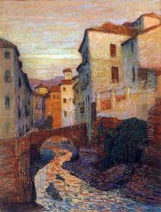Continental River, Bridge And Town At Dusk by Albert Moulton Foweraker