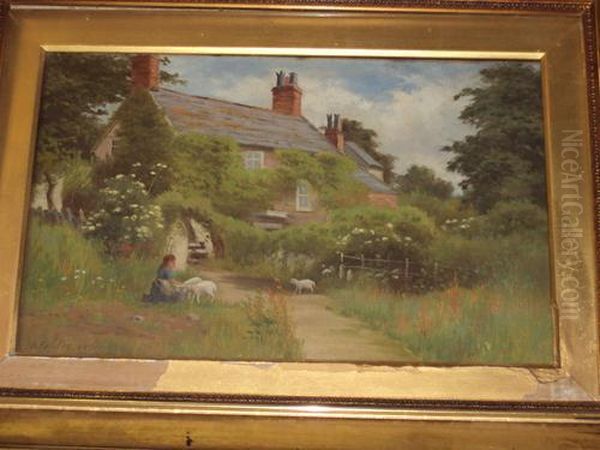 Young Girl With Lambs Before A Cottage - view 1