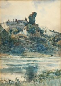 Figures By The River With Cottages And Church by Charles James Fox