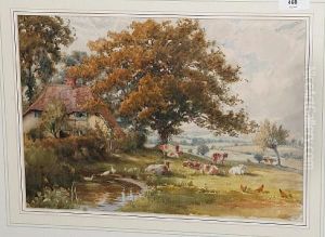Cattle By A Cottage And Pond by Charles James Fox