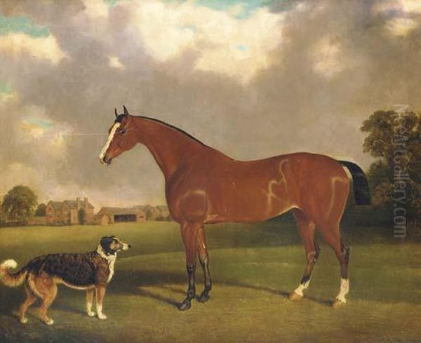 A Bay Horse And A Dog In A Landscape, A Farmyard Beyond - view 1
