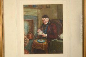The Cup That Cheers Old Gentleman Seated Drinking Tea By A Fire by George Fox