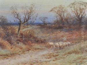 Shepherd And Sheep On A Country Lane by Henry Charles Fox