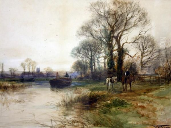 Horses By A River With A Barge - view 1