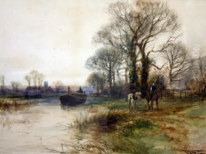 Horses By A River With A Barge by Henry Charles Fox