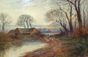Woman And Geese In Country Landscape