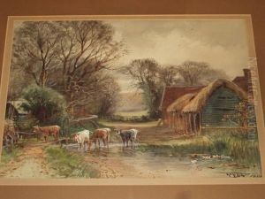 Cattle Watering At A Ford Near Farm Buildings by Henry Charles Fox