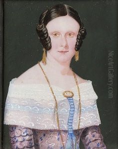 A Lady, Said To Be Of Lord Byron's Family, Wearing Pink Dress With Blue Floral Motif, White Lace Collar And Blue Ribbon, Gold Drop Earrings And Necklace