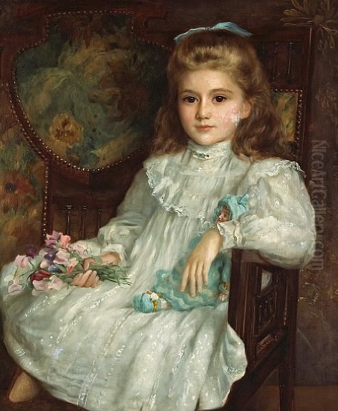 A Portrait Of A Young Girl In A White Dress Holding Her Doll And A Posy Of Sweet Peas - view 1