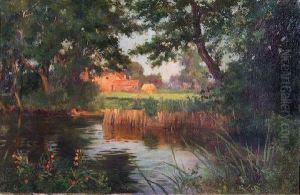 A Wooded River Landscape With Farm Buildings In The Distance by John Shirley Fox