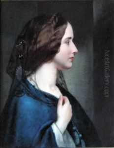 Shoulder Length Portrait Of A Young Woman Wearing A Black Veil And Blue Dress by Robert Atkinson Fox