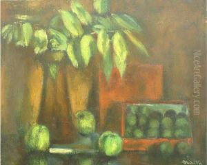 Nature Morte Au Cagot De Prunes, Auxpommes Et Plante Verte Nature Morte Au Cagot De Prunes, Auxpommes Et Plante Verte