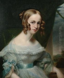 Portrait, Half Length, Of A Lady Believed To Be Miss Baldwin, Wearing A White Muslin Dress, With Pale Blue Ribbon Trim And A Pale Blue Diaphanous Wrap