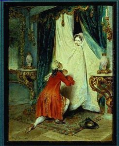 Man Kneeling Before A Woman Who Is Hiding Behind Bed Hangings by Theophile Evariste Fragonard