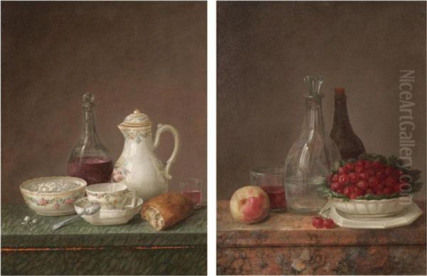 A Still Life With A Carafe Of Wine, A Teapot, A Bowl Of Sugar And A Piece Of Bread On A Marble Ledge;
A Still Life With A Bowl Of Cherries, A Peach And Carafes Of Water And Wine On A Marble Ledge - view 1