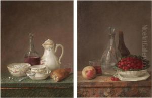A Still Life With A Carafe Of Wine, A Teapot, A Bowl Of Sugar And A Piece Of Bread On A Marble Ledge;
A Still Life With A Bowl Of Cherries, A Peach And Carafes Of Water And Wine On A Marble Ledge by Claude Joseph Fraichot