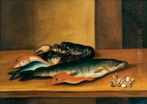 Nature Morte De Poissons, Crustaces Et Champignons by Claude Joseph Fraichot